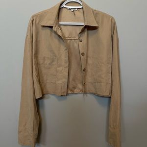 Beige suede cropped button up shirt